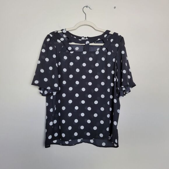 A.U.W. Polka Dot Blouse Black White Strappy Flounce Sleeve Teacher Office Medium - Picture 5 of 11